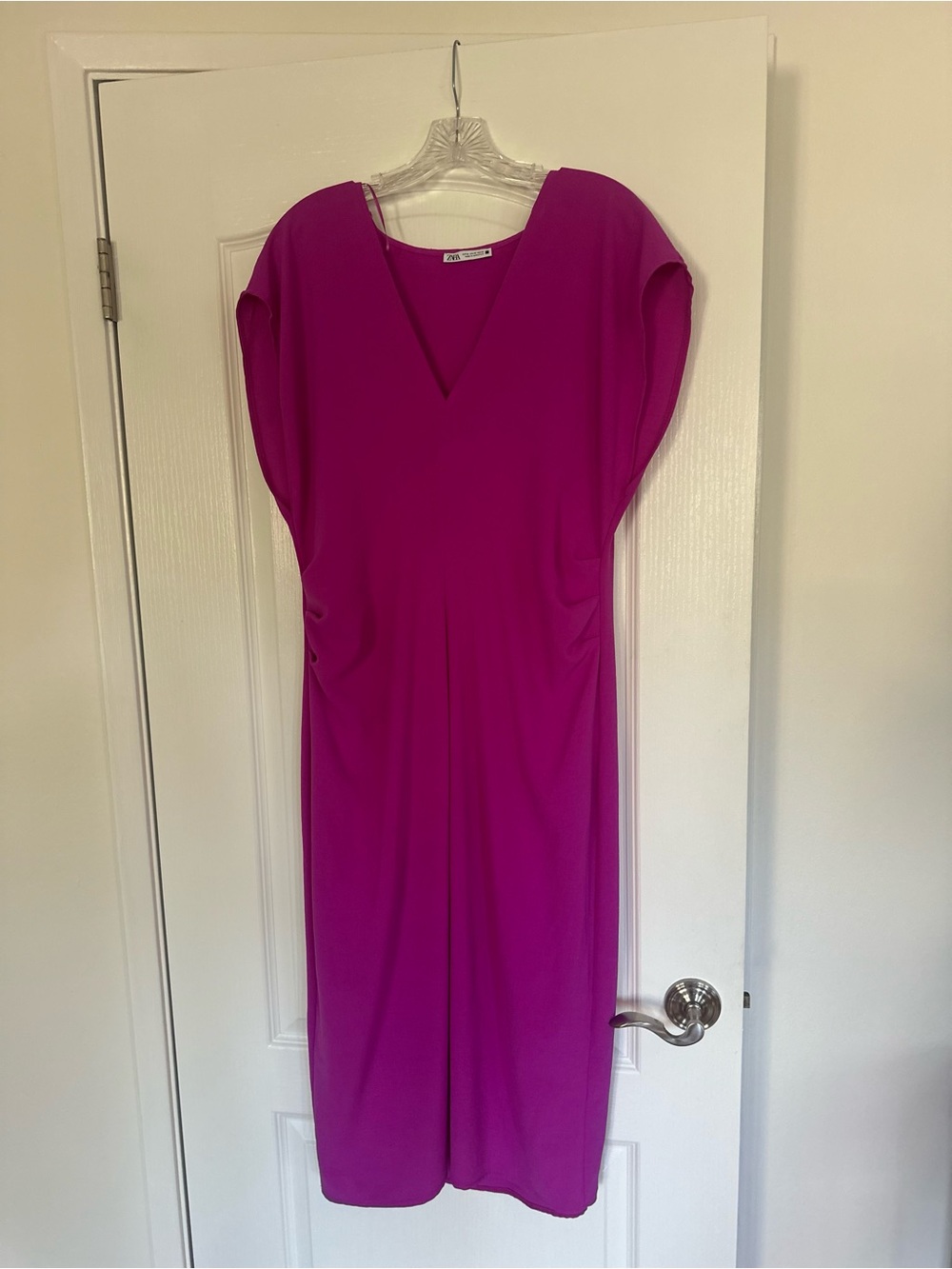 Zara Hot Pink Midi Dress with V-Neck